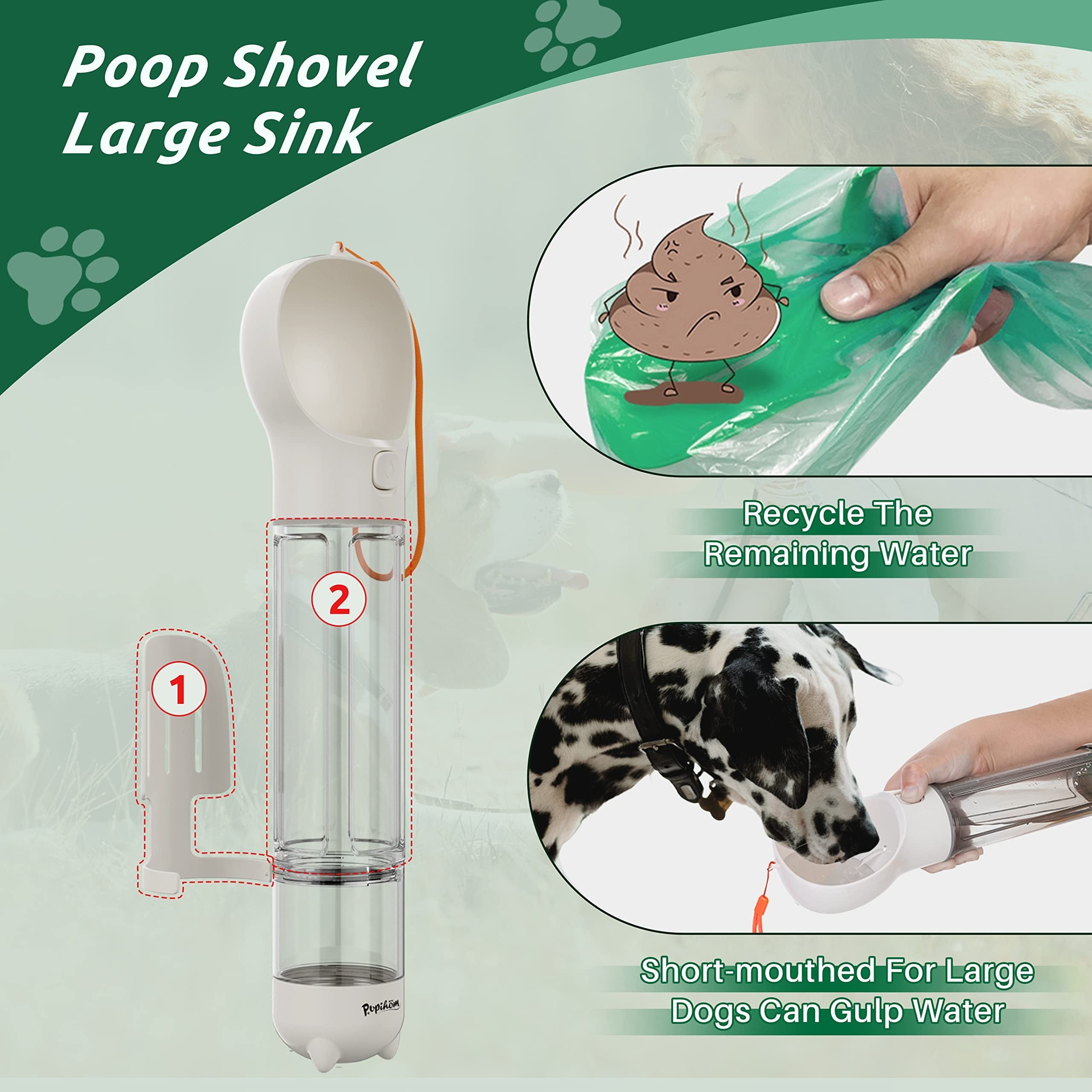 17Oz 3 in 1 Portable Dog Water Bottle, Outdoor Dog Water Dispenser with Poop Bag, Pet Travel Water Bottle Dispenser with Drinking Feeder and Food Container for Dogs Walk Travel, Length 15.55"