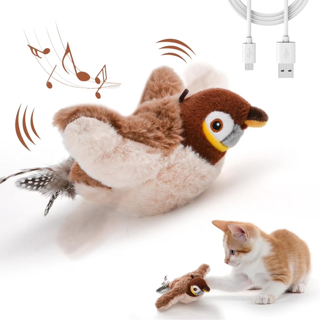 Homieway Large Interactive Chirping Bird Cat Toy, Flapping Wings Hanging Cat Toy, USB Rechargeable Electric Sparrow Shaking Bird for Indoor Cats, Brown