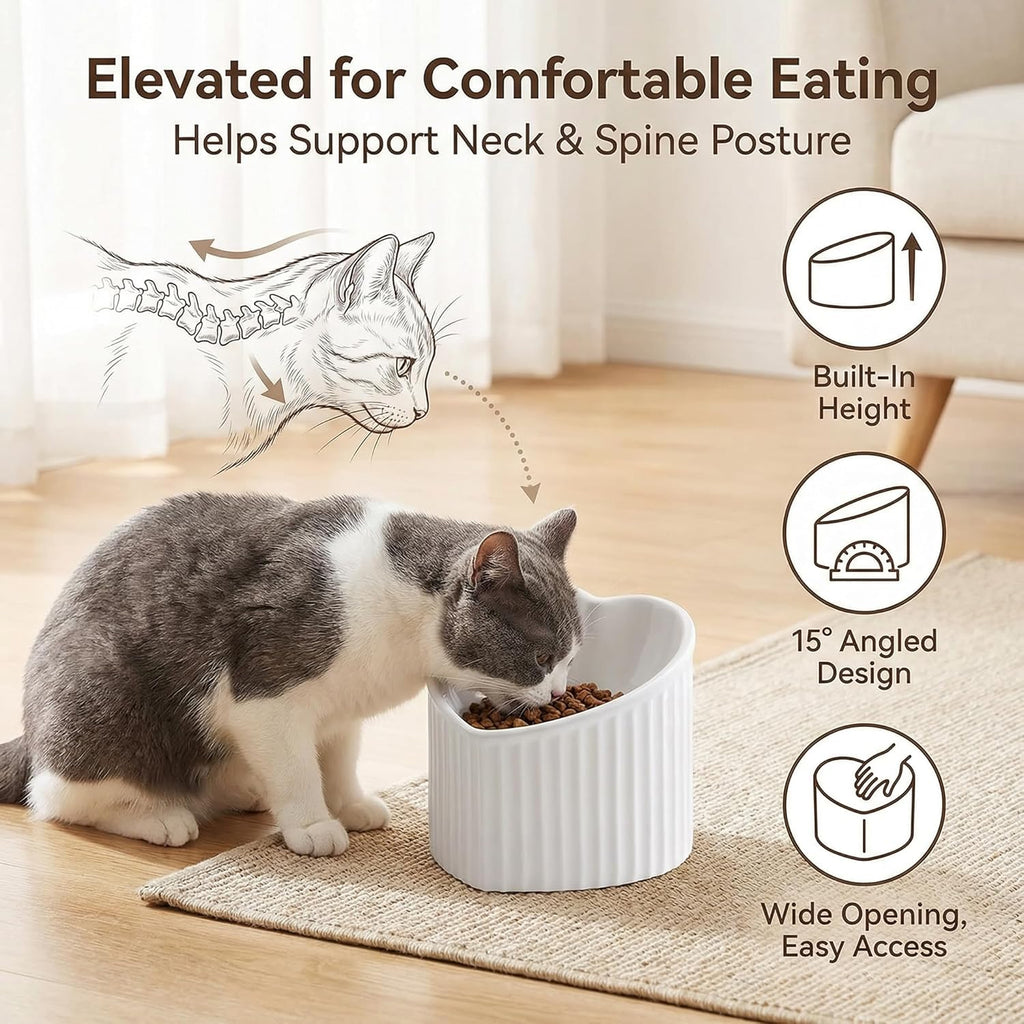 Dark Green Ceramic Raised Cat Bowls, Tilted Elevated Food or Water Bowls, Stress Free, Backflow Prevention, Dishwasher and Microwave Safe, Lead & Cadmium Free
