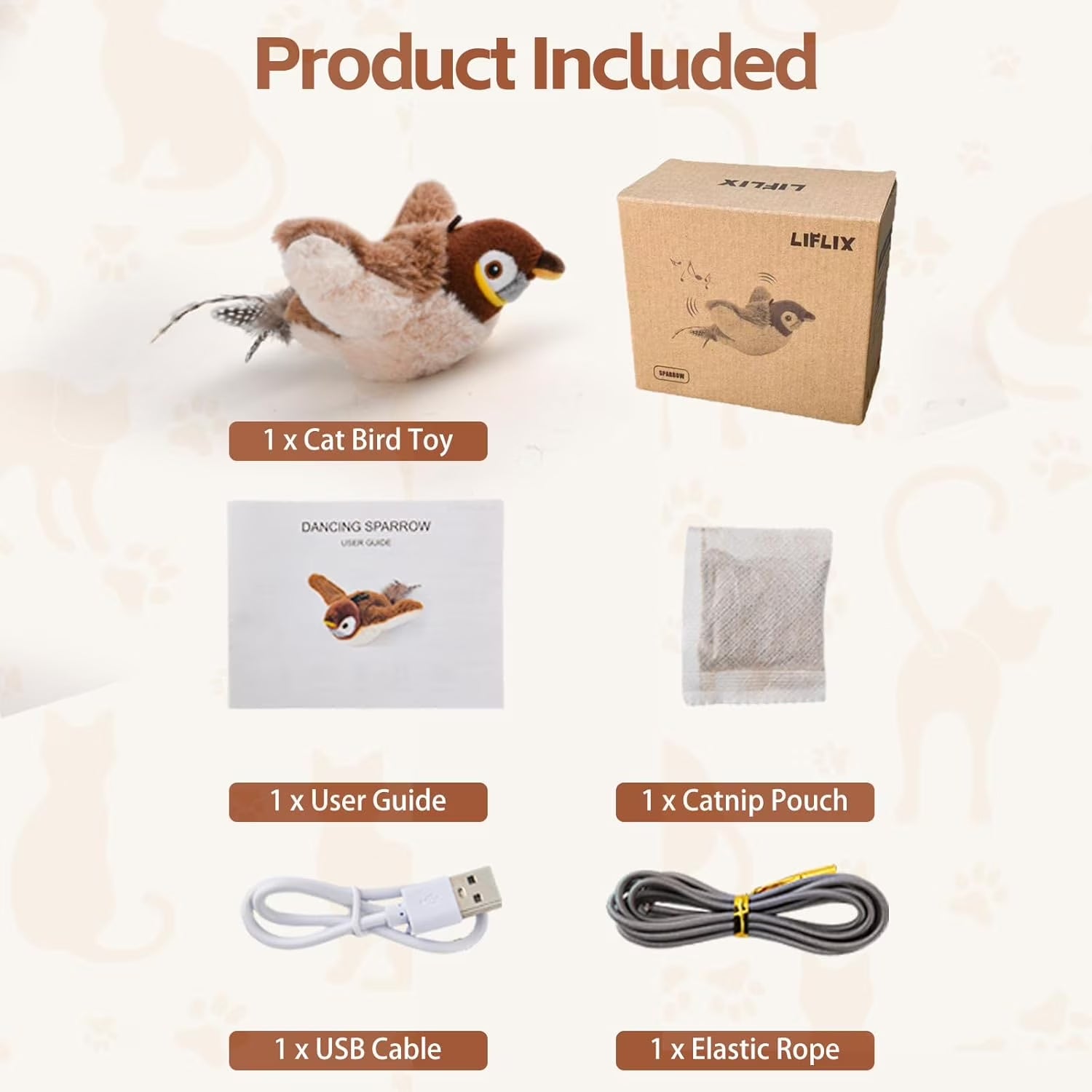 Homieway Large Interactive Chirping Bird Cat Toy, Flapping Wings Hanging Cat Toy, USB Rechargeable Electric Sparrow Shaking Bird for Indoor Cats, Brown