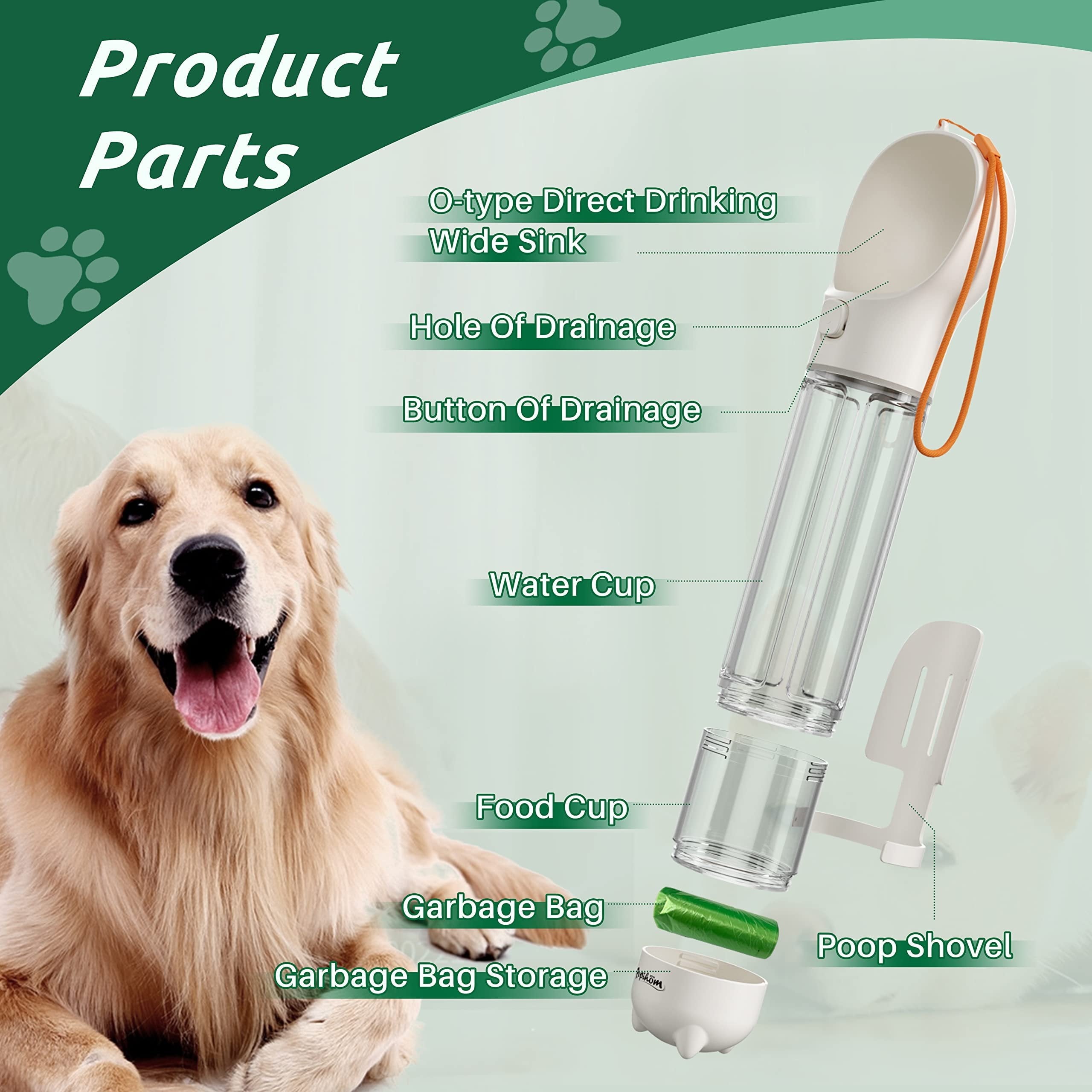 17Oz 3 in 1 Portable Dog Water Bottle, Outdoor Dog Water Dispenser with Poop Bag, Pet Travel Water Bottle Dispenser with Drinking Feeder and Food Container for Dogs Walk Travel, Length 15.55"