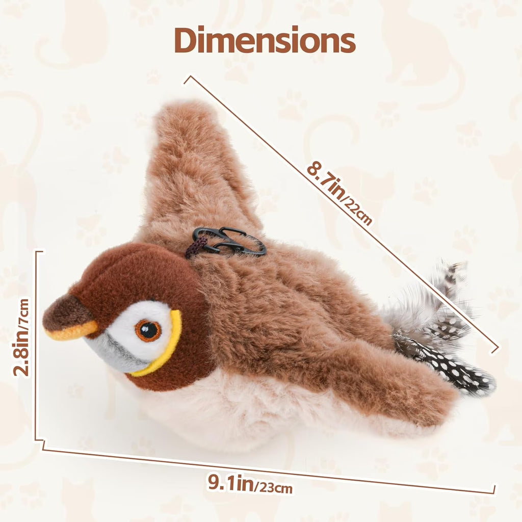 Homieway Large Interactive Chirping Bird Cat Toy, Flapping Wings Hanging Cat Toy, USB Rechargeable Electric Sparrow Shaking Bird for Indoor Cats, Brown