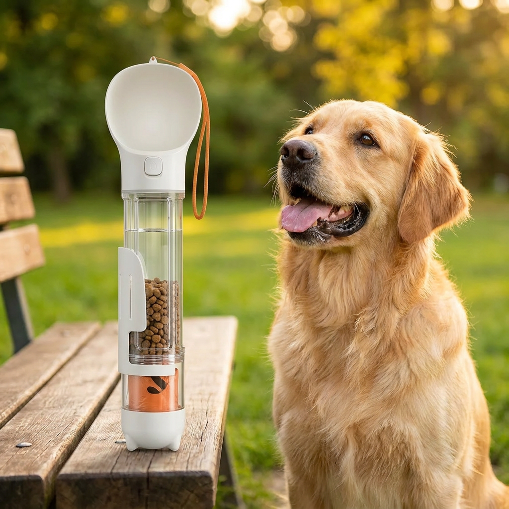 3-in-1 Portable Dog Travel Water Bottle | Water, Food & Waste Bags in One