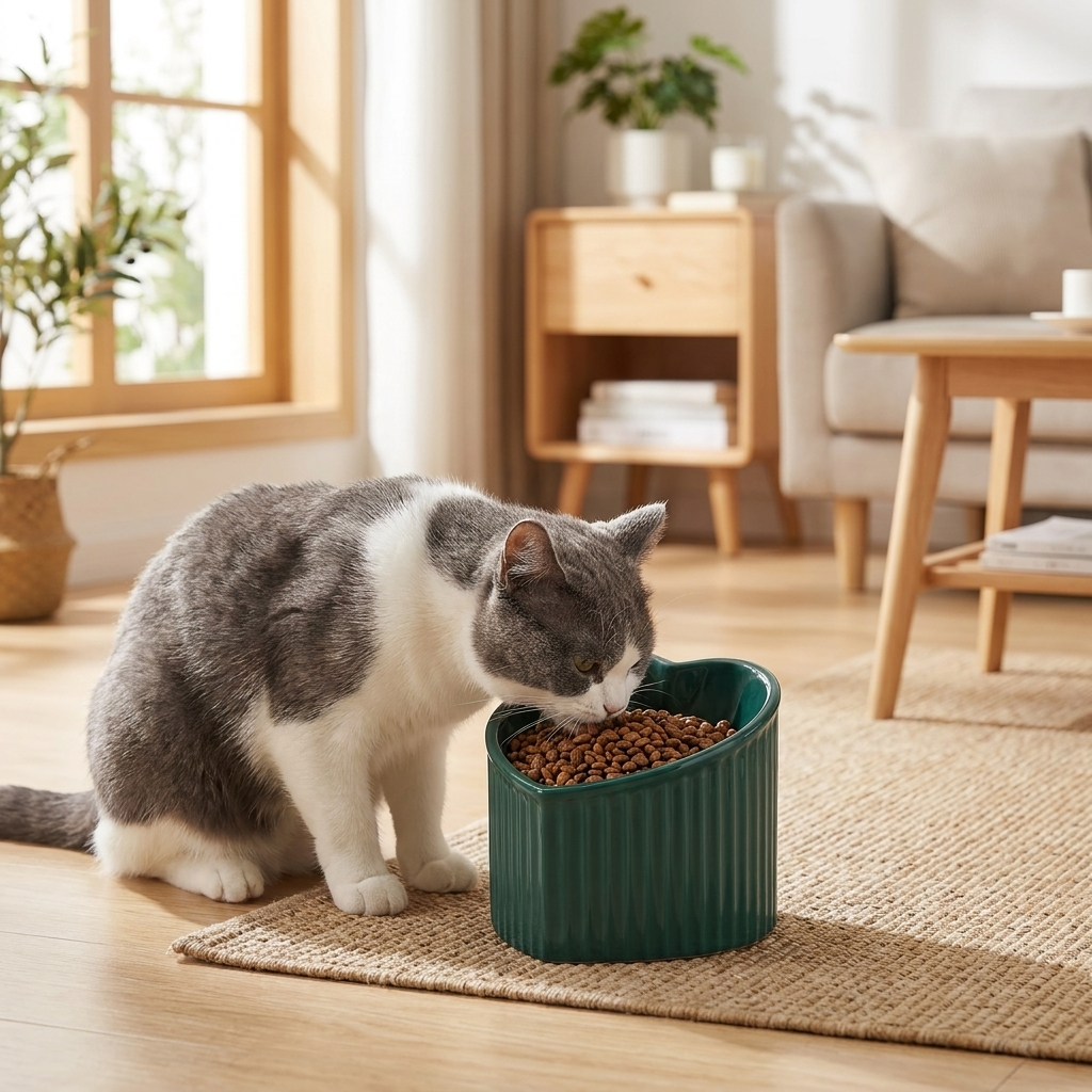 Elevated Tilted Ceramic Cat Bowl | Whisker Friendly & Spine Safe